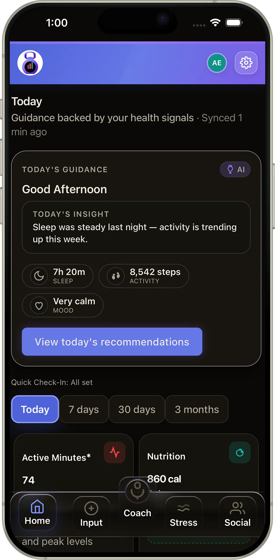 Fittra dashboard showing insight-first layout with AI guidance and health signals