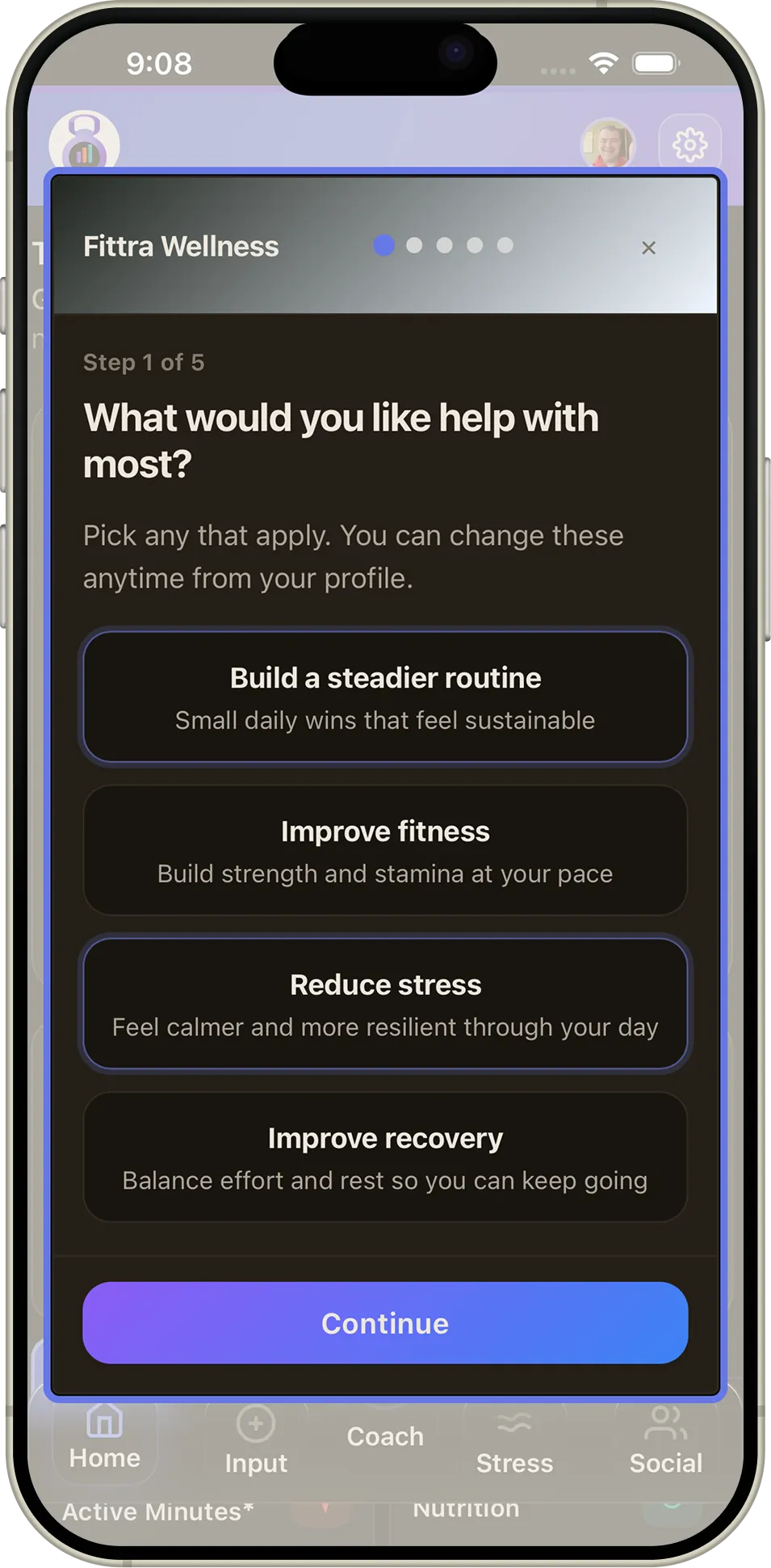 Fittra Goals screen showing personalized wellness targets