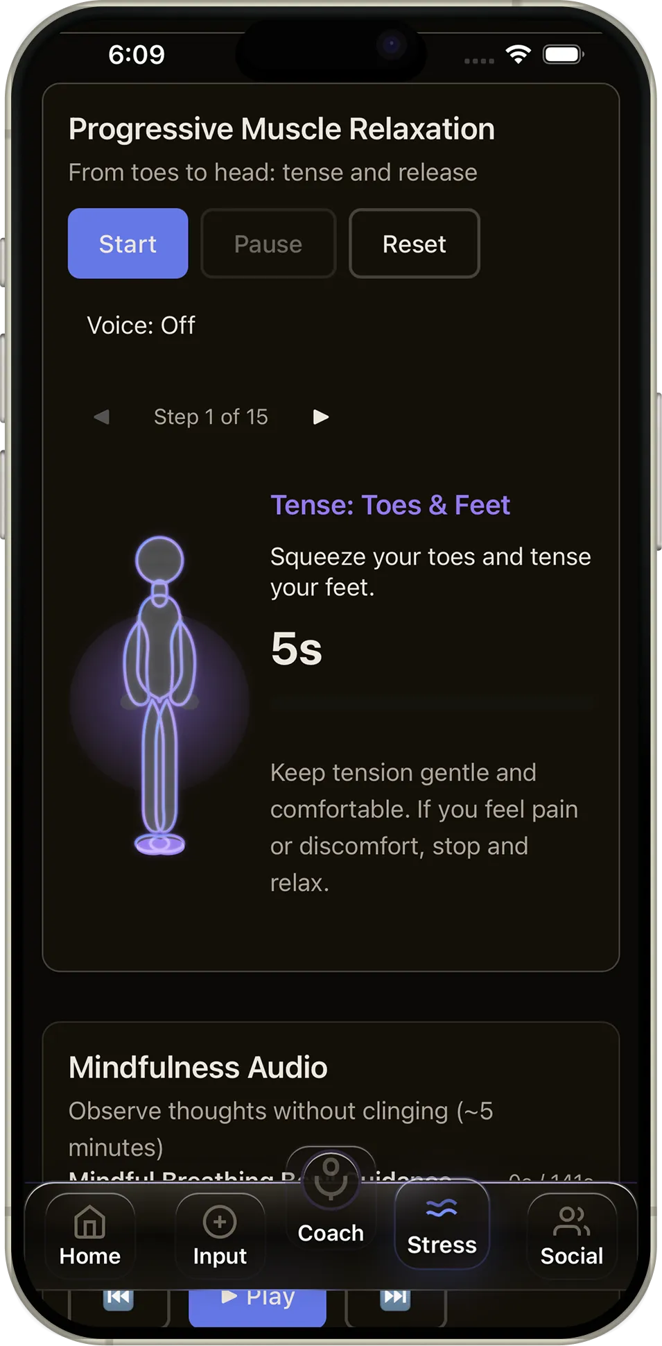 Fittra PMR screen showing AI-guided progressive muscle relaxation