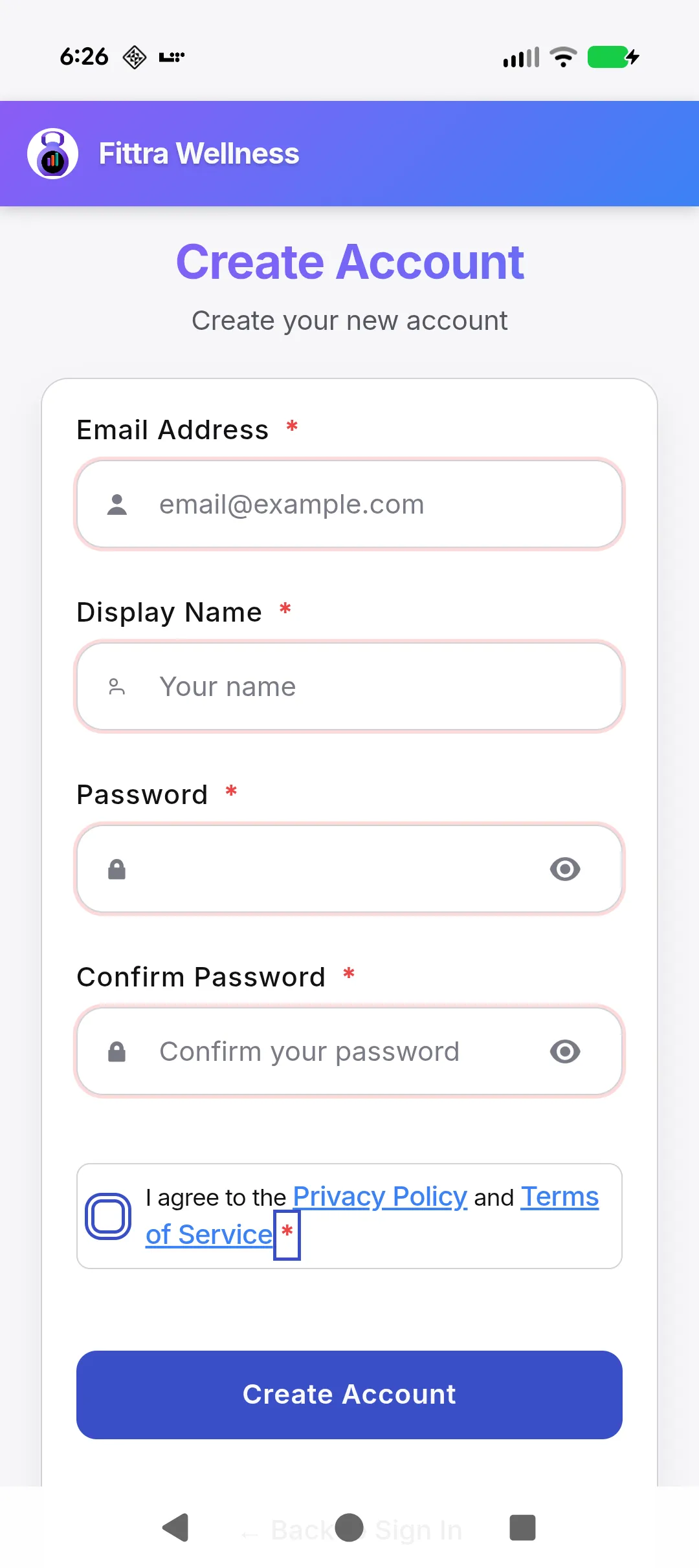 Fittra account creation screen on Android