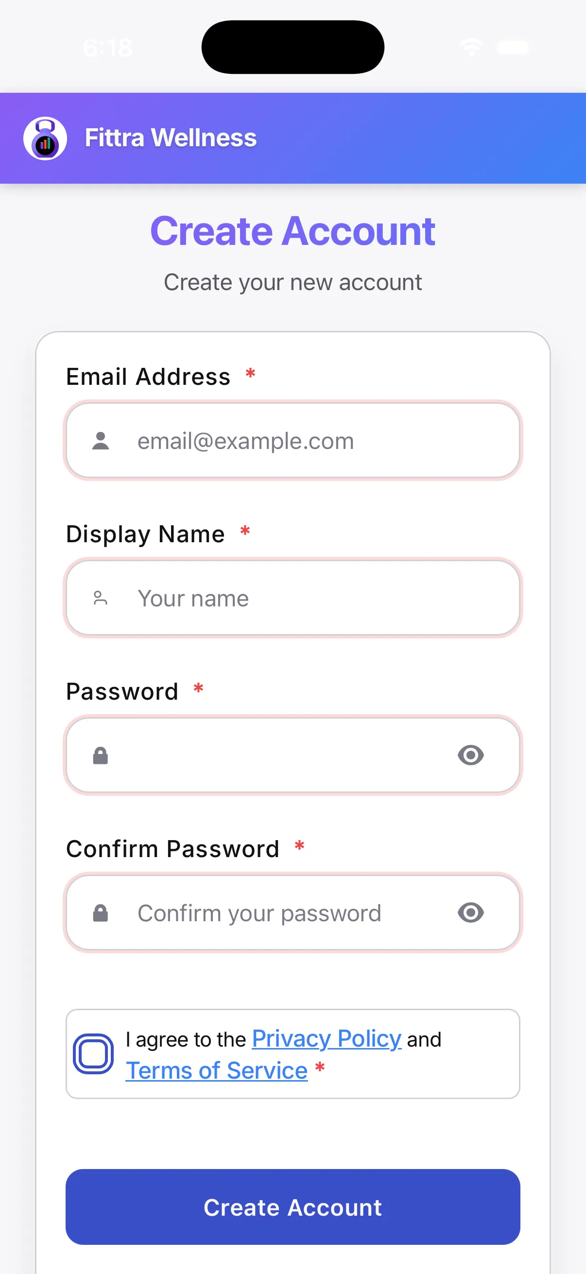 Fittra account creation screen on iOS