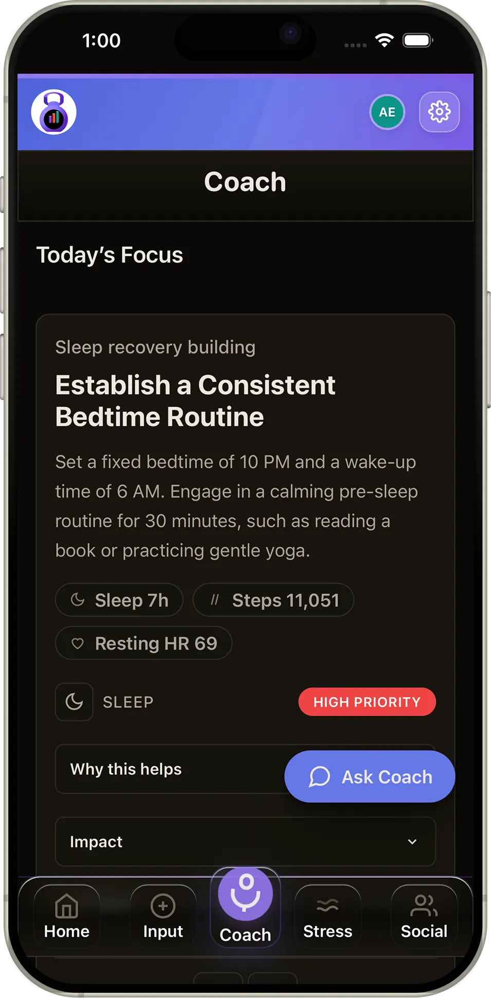 Fittra Coach screen showing a prioritized recommendation alongside the health signals that triggered it and a why this helps disclosure