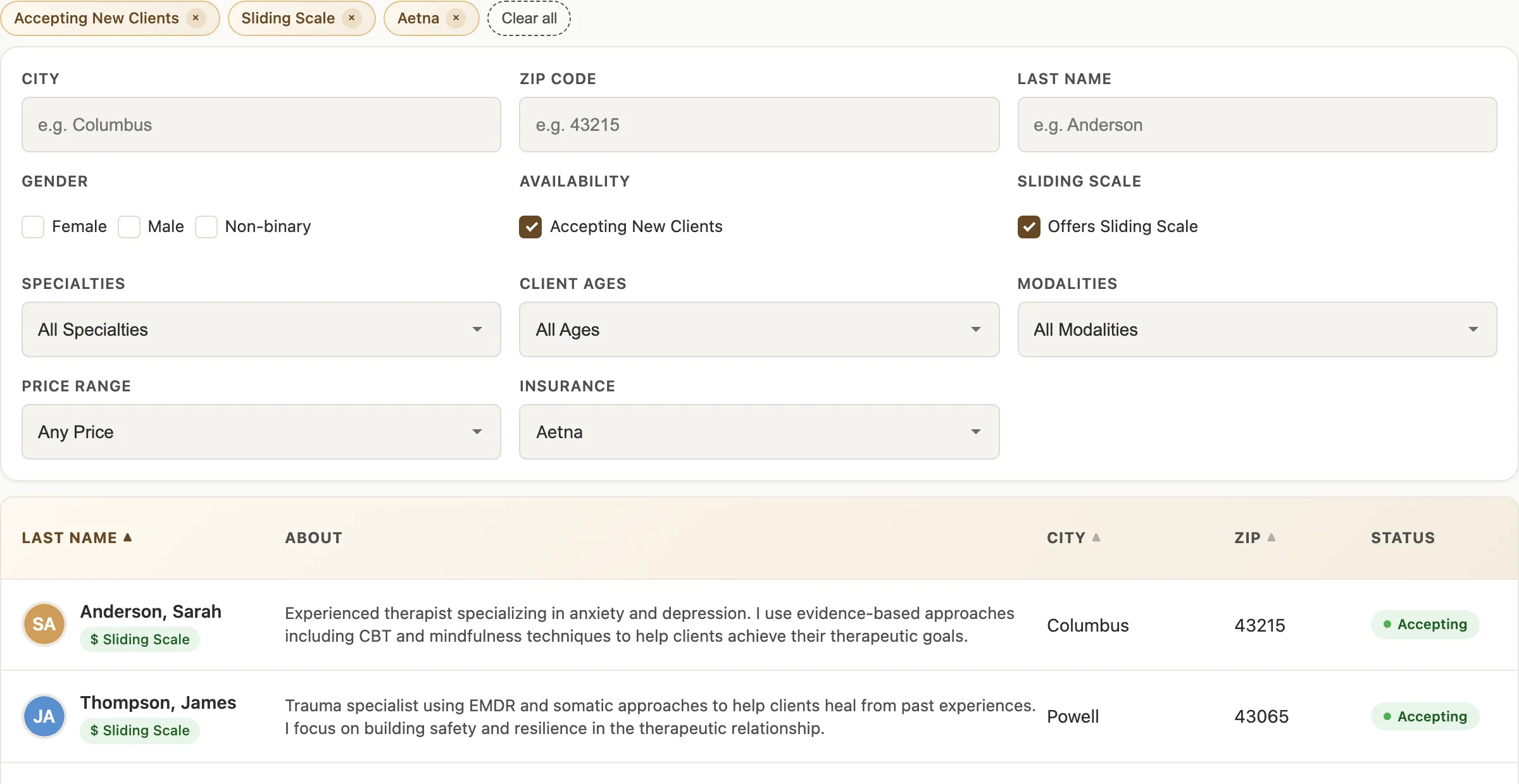 Desktop layout of the directory: a table with columns for last name, about, city, zip, and status, filtered down to three providers who accept new clients, offer sliding scale, and take Aetna