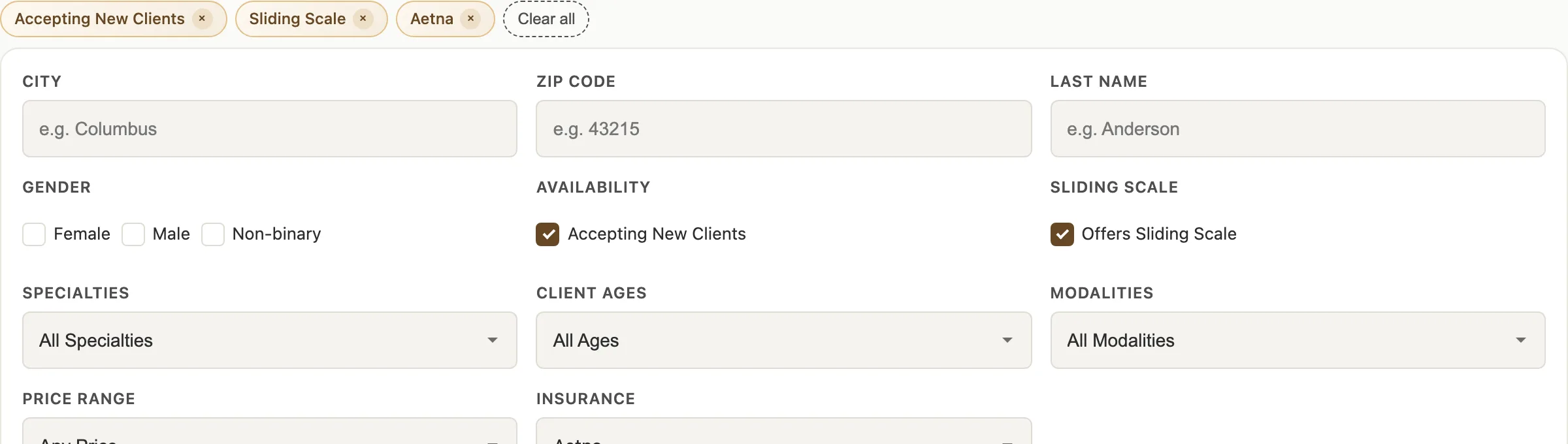 The directory's filter panel with three active filters shown as removable chips above it: Accepting New Clients, Sliding Scale, and Aetna. Fields for city, zip, gender, availability, sliding scale, specialties, client ages, modalities, price range, and insurance.