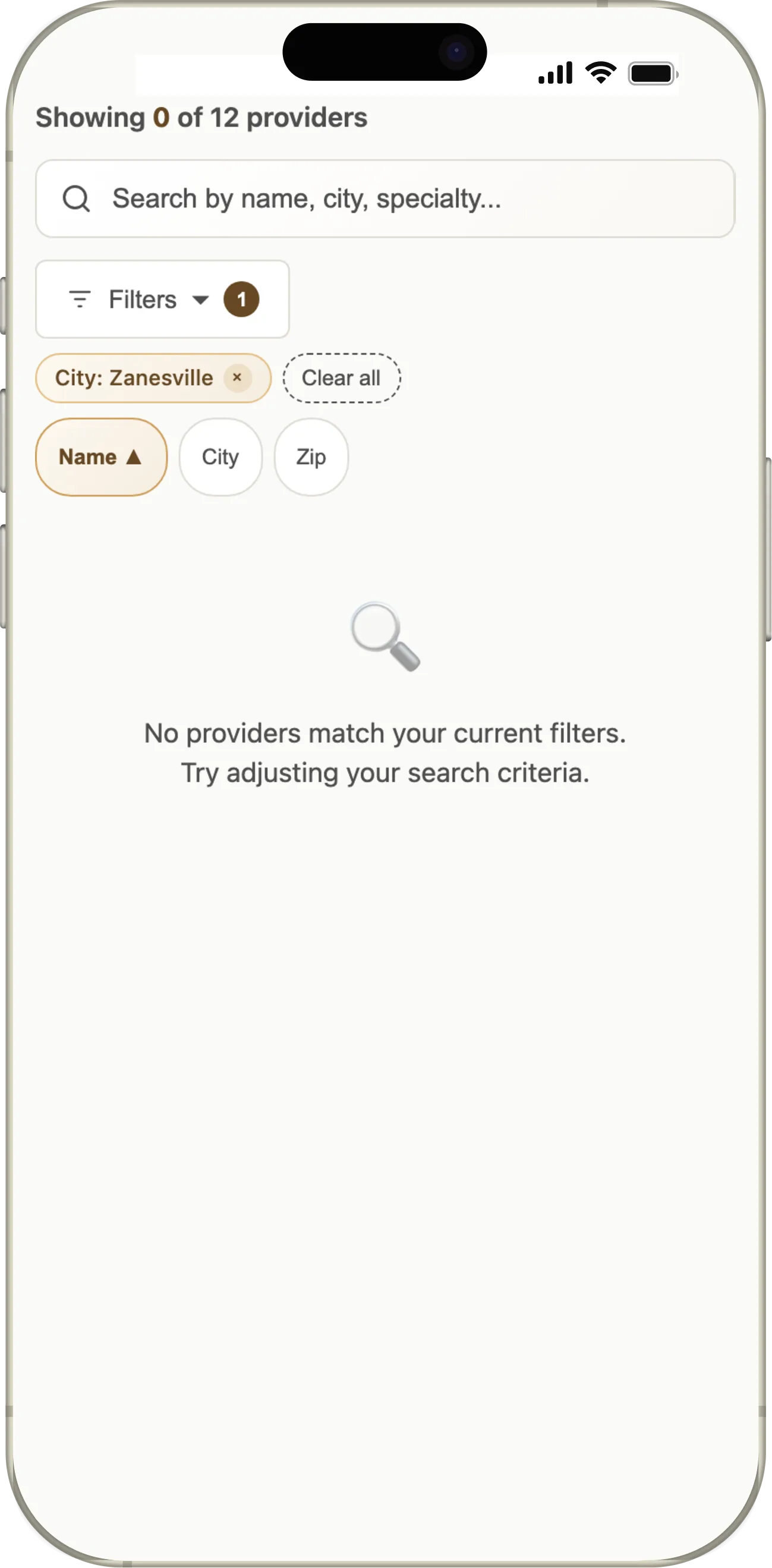 COCA directory empty state on a phone: zero results, the active filter shown as a chip with a remove button, and a message suggesting adjusting the search
