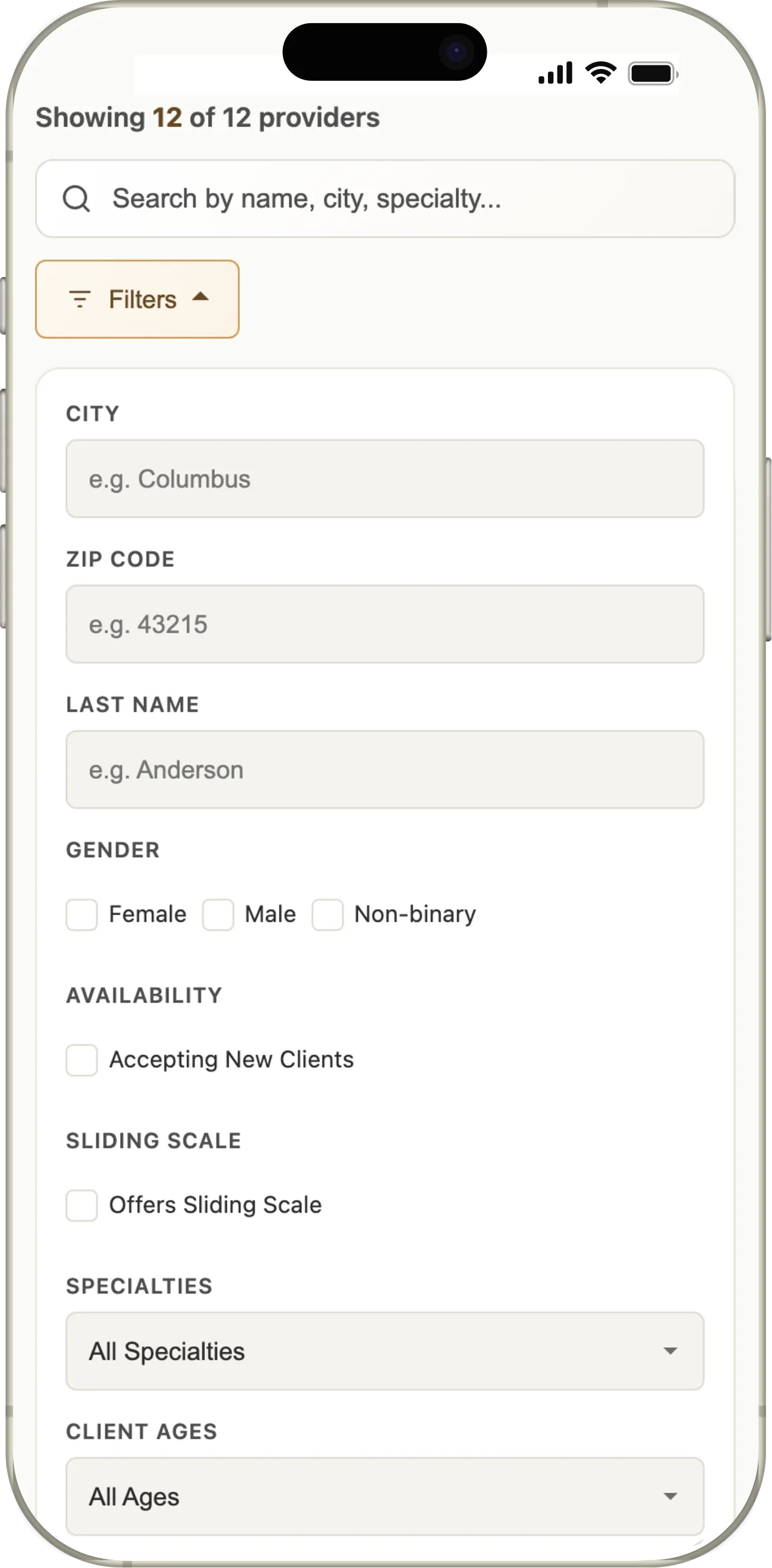 COCA directory filter panel on a phone with three active filters shown as removable chips: Accepting New Clients, Sliding Scale, and Aetna