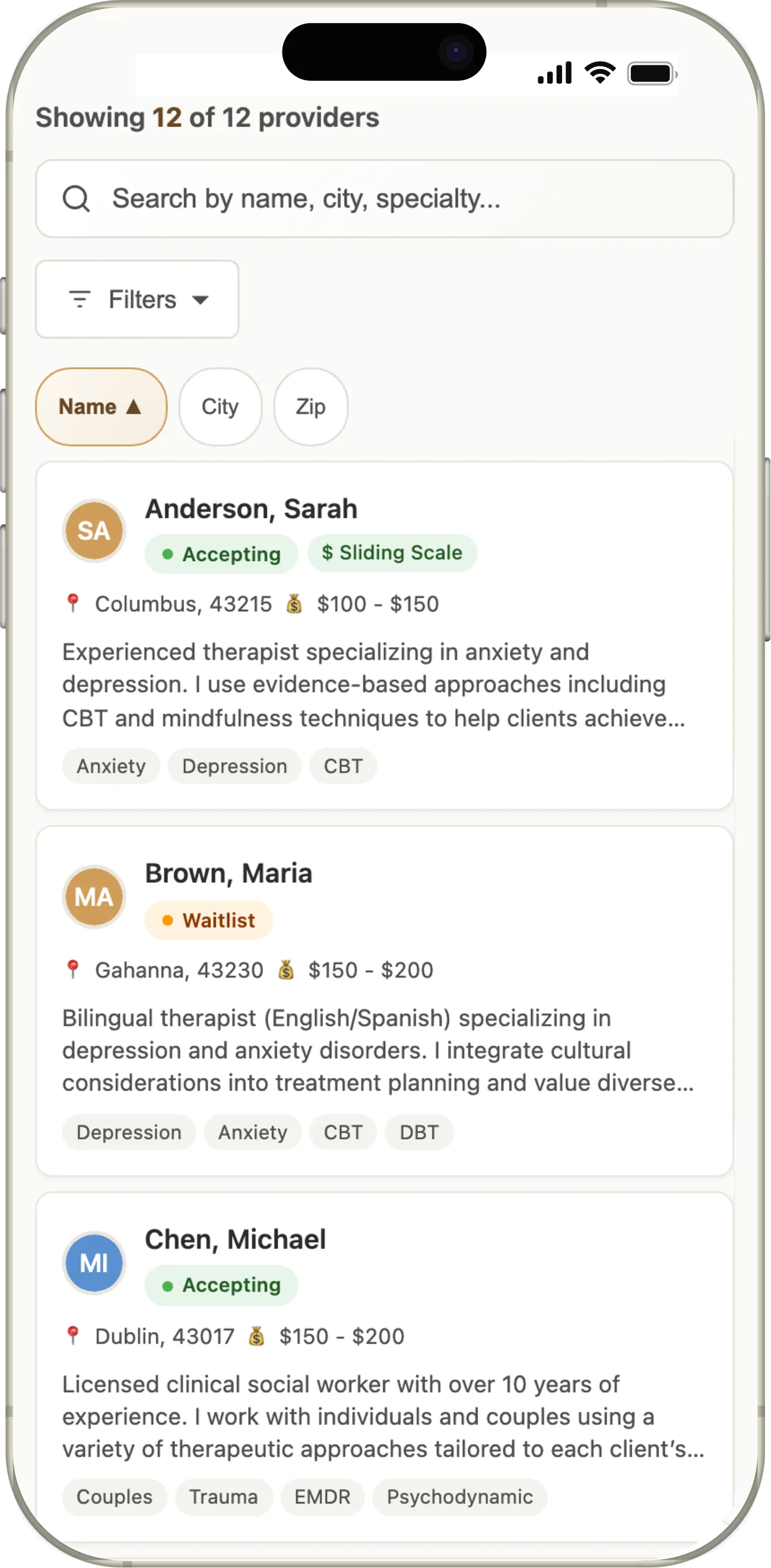 COCA directory on a phone: search bar, a Filters button, sort chips, and provider cards that lead with availability, sliding scale, location, and a short statement in the provider's own words