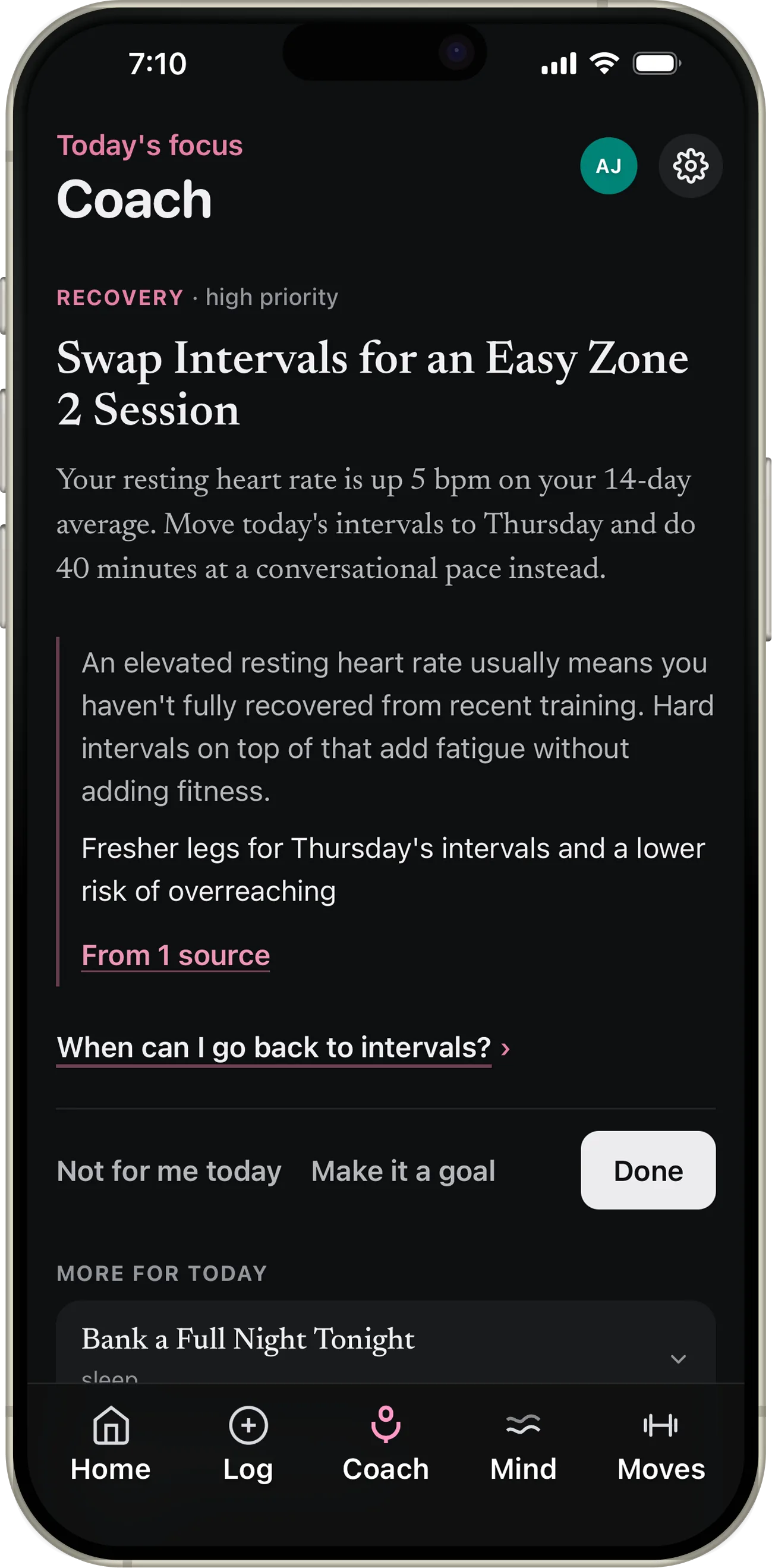 The same Coach screen in dark mode, on a near-black background with a charcoal card and a light Done button