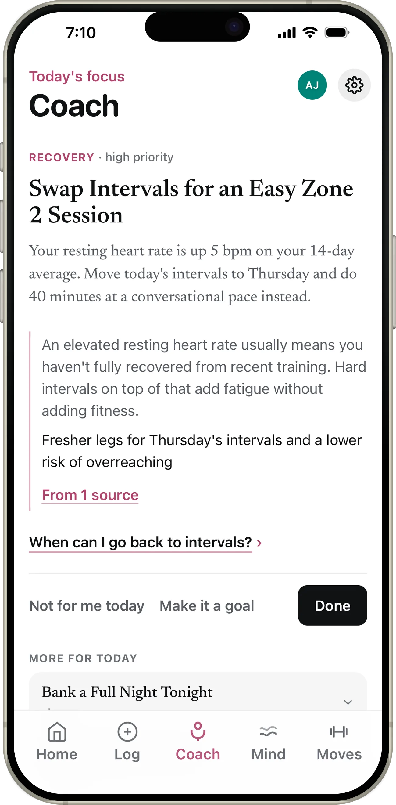 Fittra Coach screen in light mode: a Recovery, high priority recommendation titled Swap Intervals for an Easy Zone 2 Session, the reason naming a resting heart rate up 5 bpm, an explanation with a From 1 source link, and Not for me today, Make it a goal and Done actions