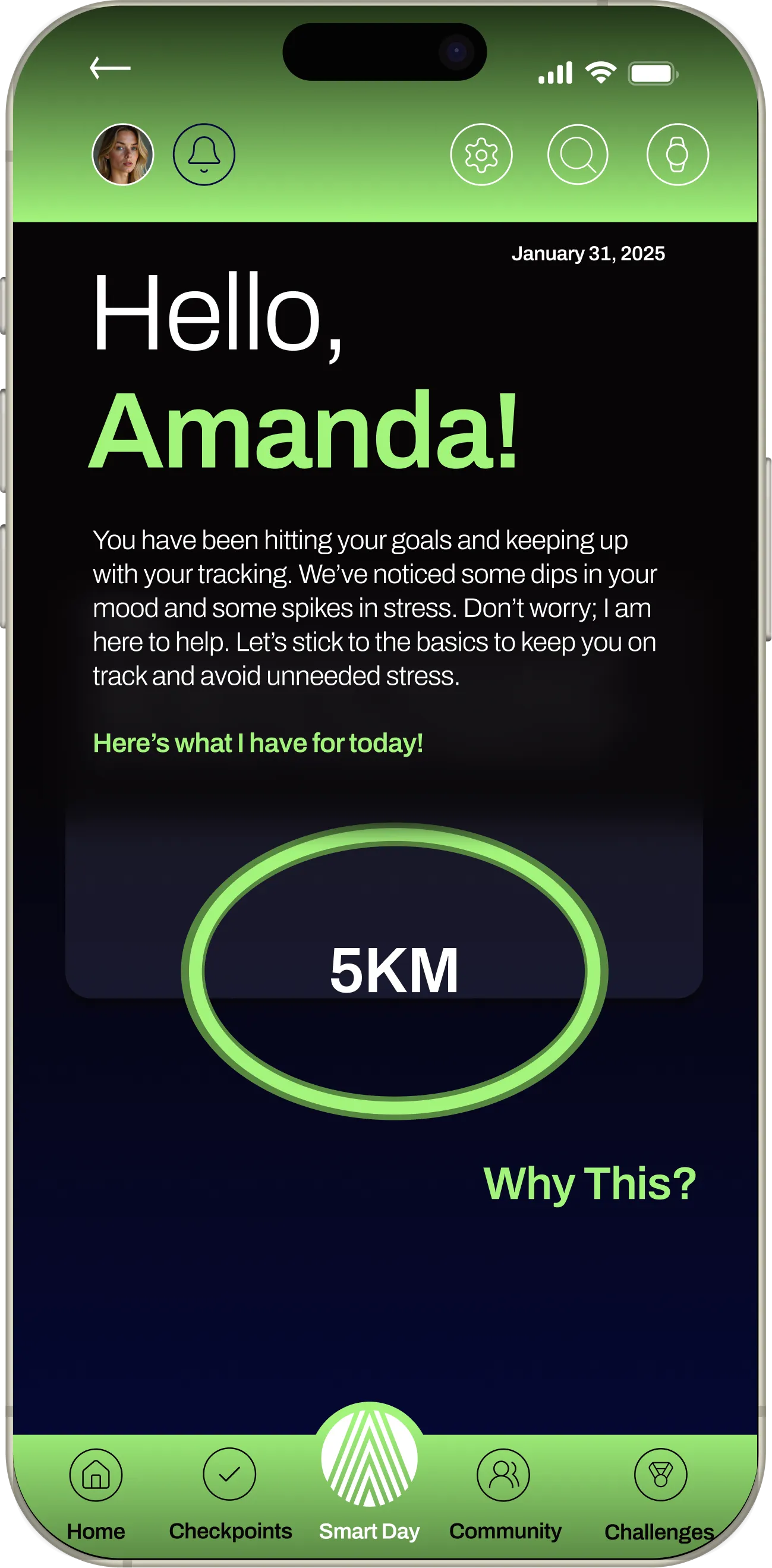 Early Fittra Smart Day concept in black and green: a greeting, a short note from the coach, a 5K goal ring and a Why This? link beneath it