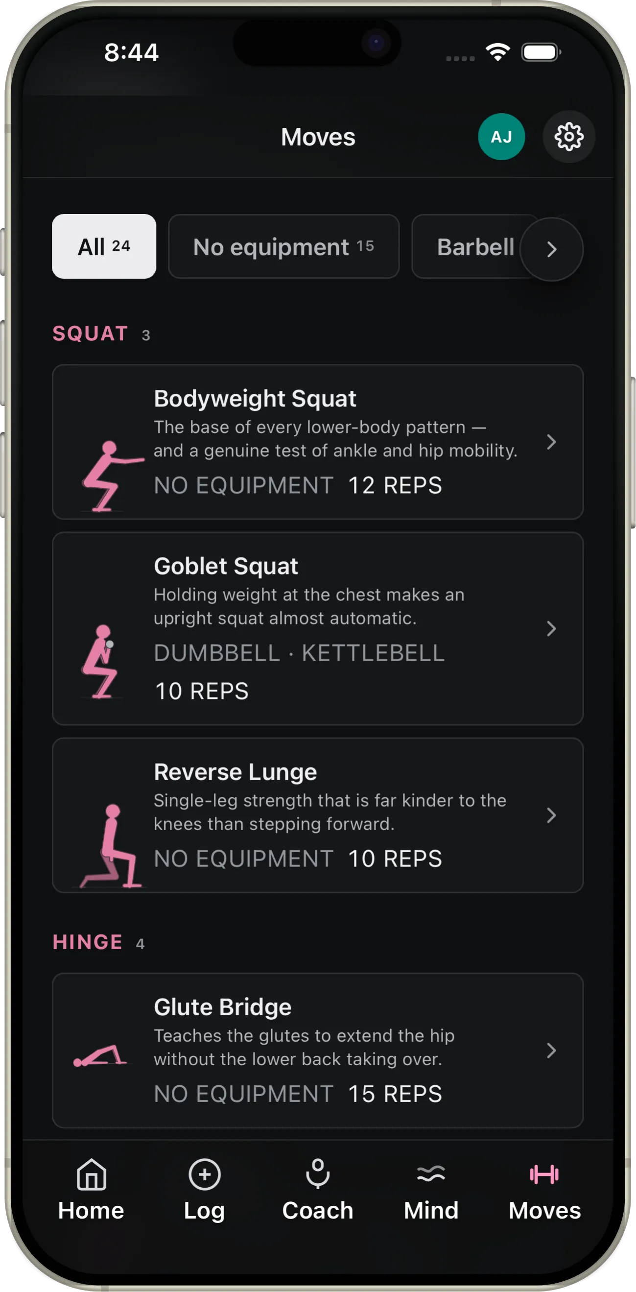 Fittra Moves tab: a library of 24 moves with equipment filters, grouped by pattern. The Squat group lists Bodyweight Squat, Goblet Squat and Reverse Lunge, each with a posed figure, a one-line description, equipment and reps.