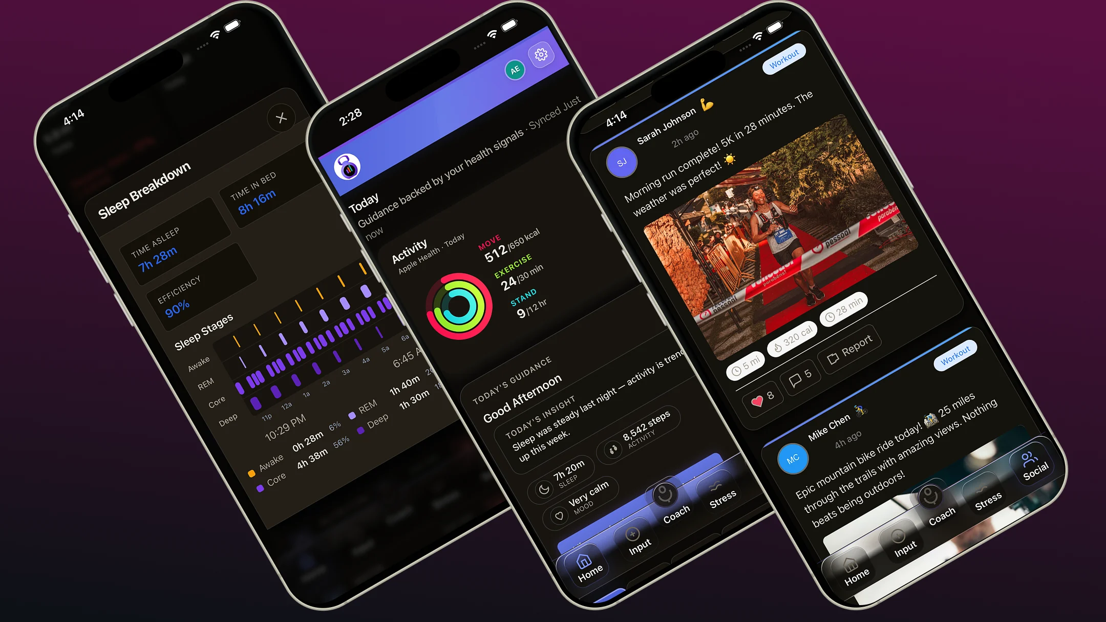 Fittra Wellness on three phones: sleep stage breakdown, daily activity rings with guidance, and the social feed