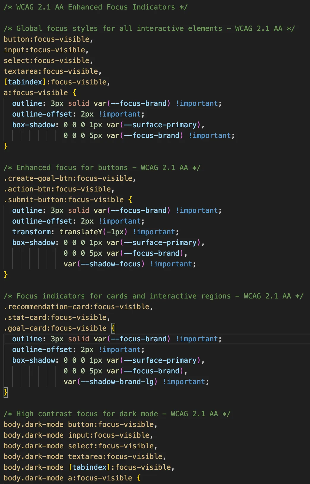 Excerpt from Fittra's wcag-focus.css stylesheet showing focus indicators and accessibility utilities