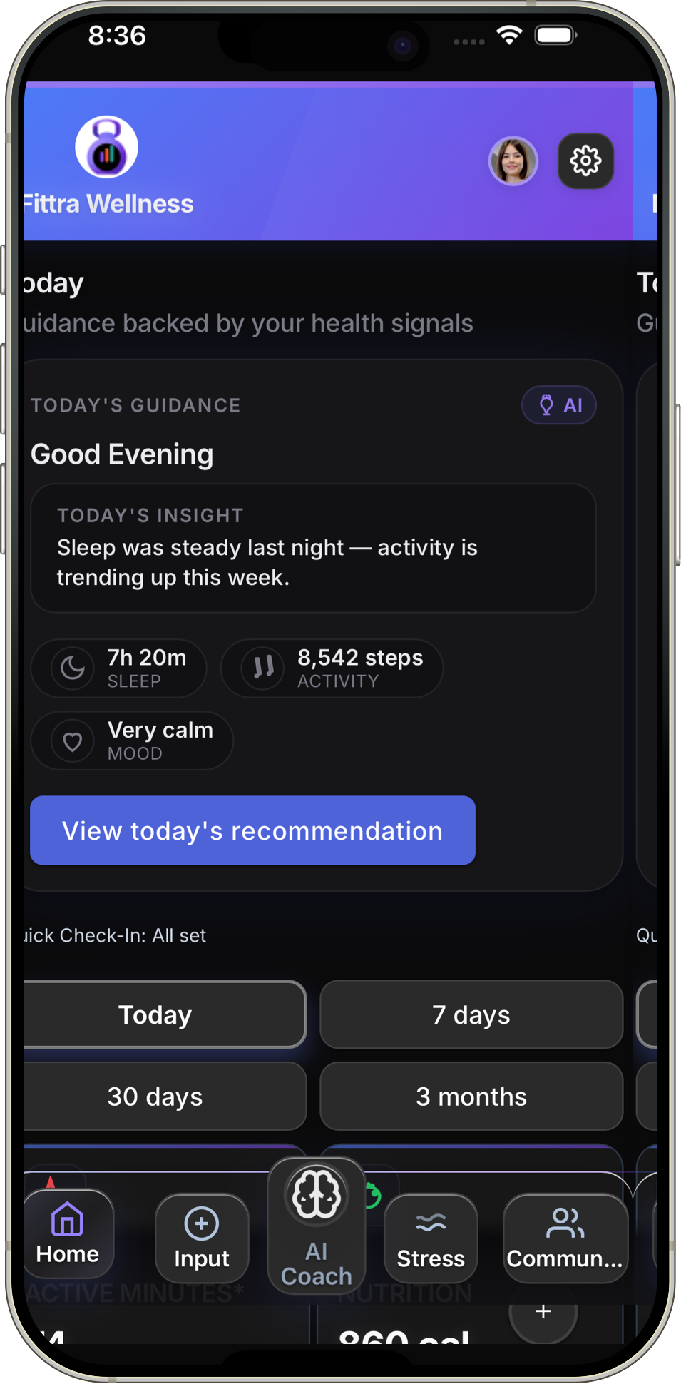 Fittra dashboard showing insight-first layout with AI guidance and health signals