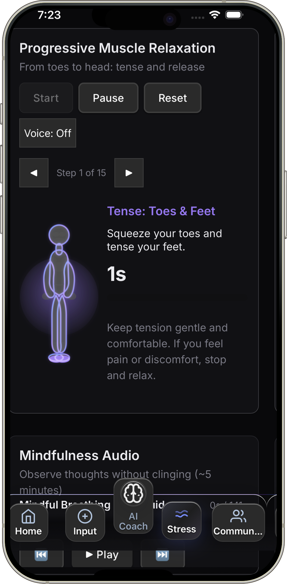 Fittra PMR screen showing AI-guided progressive muscle relaxation