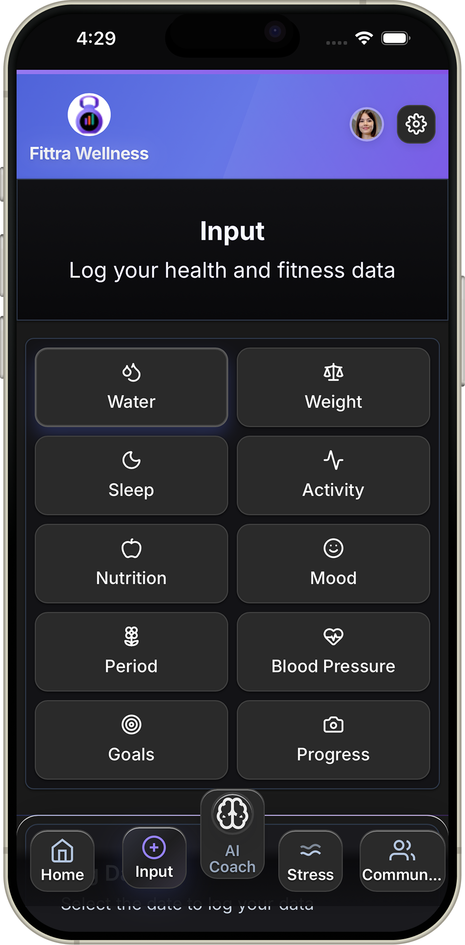 Fittra input screen showing health and fitness data logging categories